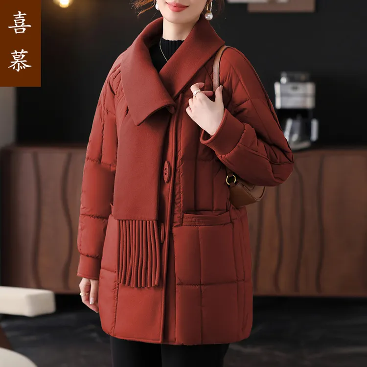 中年妈妈围巾领加厚棉服冬装60多岁小香风保暖上衣中老年人外套