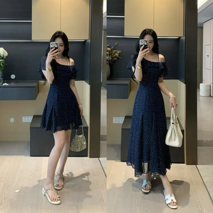 XINYI【迷迭海瑟薇】夏季荷叶边印花连衣裙收腰显瘦裙X625Q05773