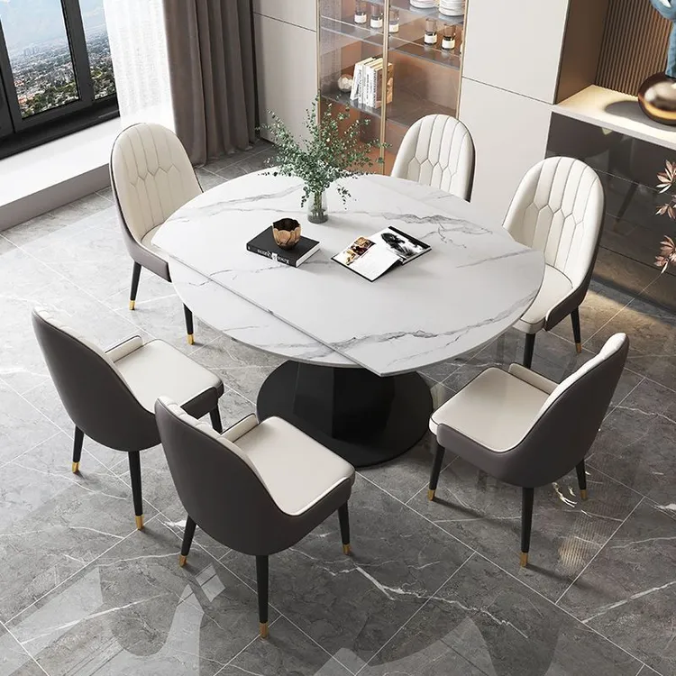 2025款轻奢亮光岩板餐桌椅组合旋转可伸缩方圆两用折叠多功能饭桌