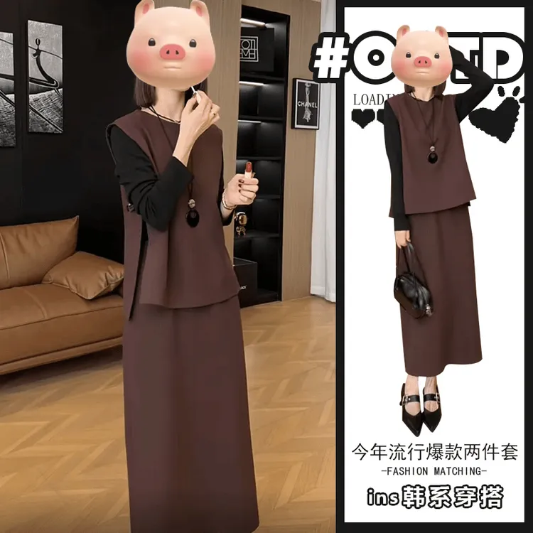 美式别致显气质三件套女春秋时尚黑色打底衫宽松马甲+高腰半身裙