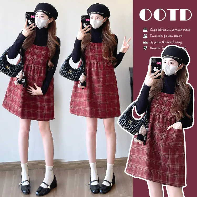 2024新款秋冬季150cm小个子孕妇套装连衣裙新年款甜美遮肚不显怀