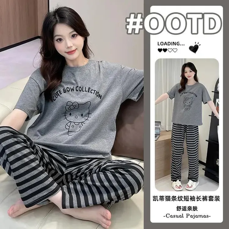 2025新款夏季爆款自带胸垫ins风短袖长裤卡通家居服韩版套头套装