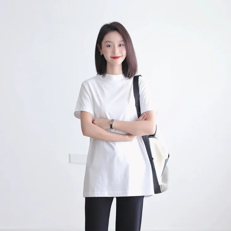 小立领中长款T恤遮屁股女短袖棉质宽松显瘦立领叠穿打底衫长上衣