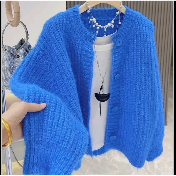 加厚糖果色小香风圆领秋冬开衫款宽松毛针织衫加厚外套