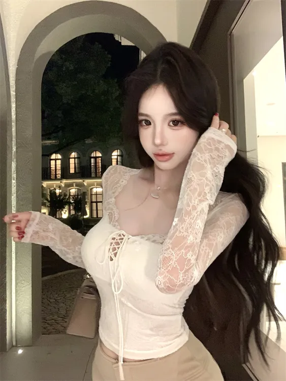 2025秋冬季新款性感内搭纯欲风V领辣妹绑带修身显瘦长袖蕾丝衫女