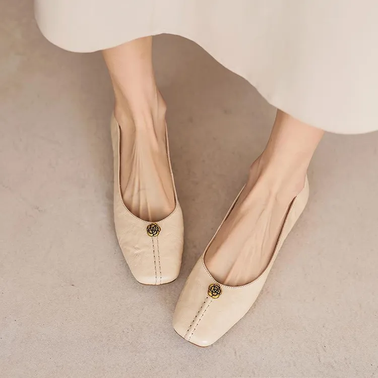 【澳门专柜正品】真皮超软小羊皮方头浅口芭蕾鞋杏色山茶花平底鞋法