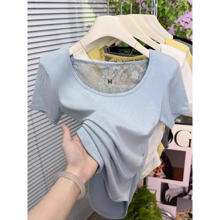纯欲蕾丝u领短袖T恤女2025夏季流行单品褶皱收腰性感垫肩辣妹上衣