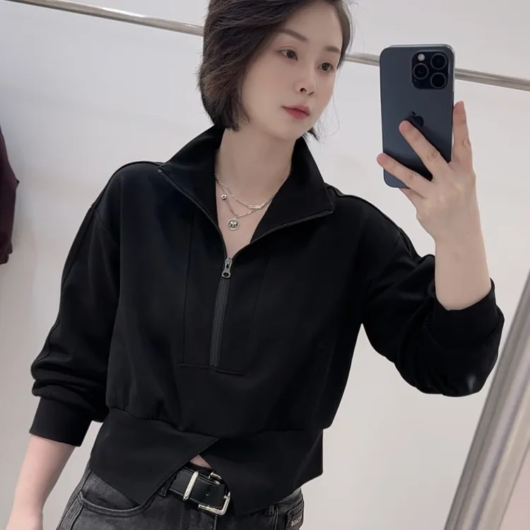 【811】长袖宽松翻领女短款上衣卫衣衫拉链显瘦秋季时尚百搭
