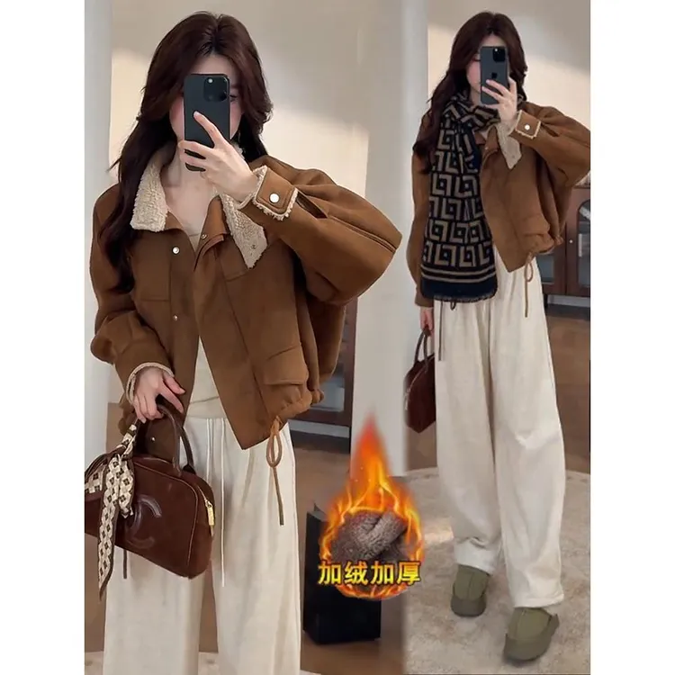 美拉德风麂皮绒皮毛一体外套2025短款加绒加厚保暖小个子夹克上衣