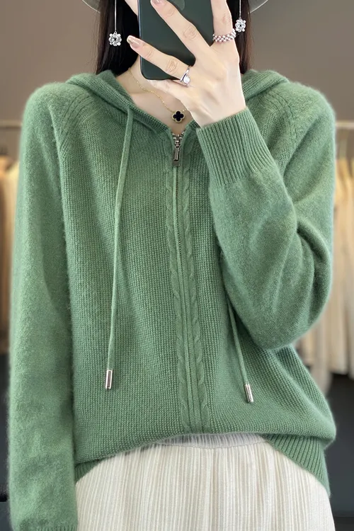 羊毛连帽桂花针拉链开衫女