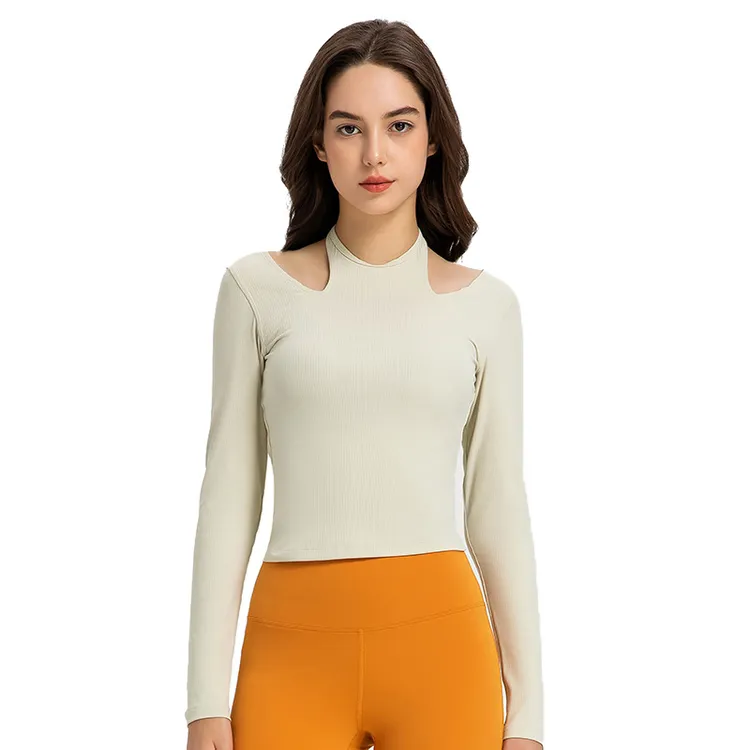 新款挂脖运动长袖螺纹高领防走光弹力收腰U型美背瑜伽服DAW027