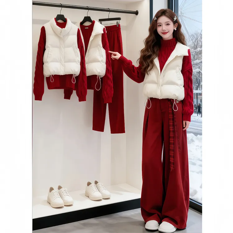 SHALLDOER【暖焰廓形】喜庆套装女士2025棉服针织毛衣阔腿裤三件套