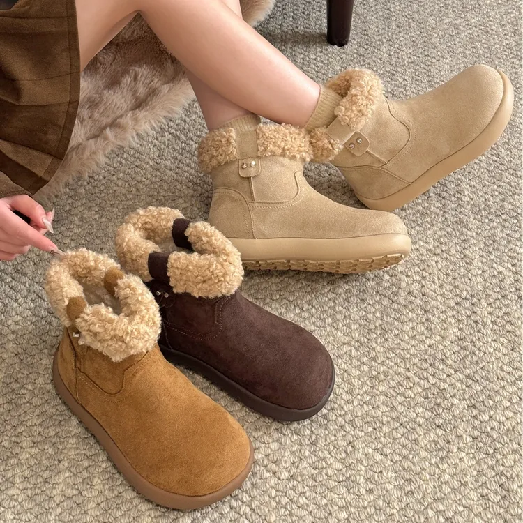 贾不假复古加绒保暖棉鞋女2025新款冬季厚底防滑雪地靴小个子增高