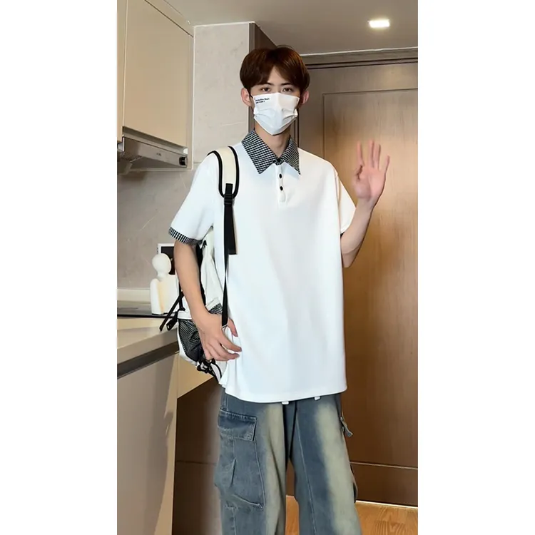 美式潮牌夏季复古格子拼接polo领短袖T恤男时尚宽松休闲翻领上衣