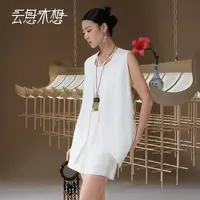 Ysimo-X云思木想 风浅云舒 V领后幅倒U分割吊坠绑带亚麻马甲13043