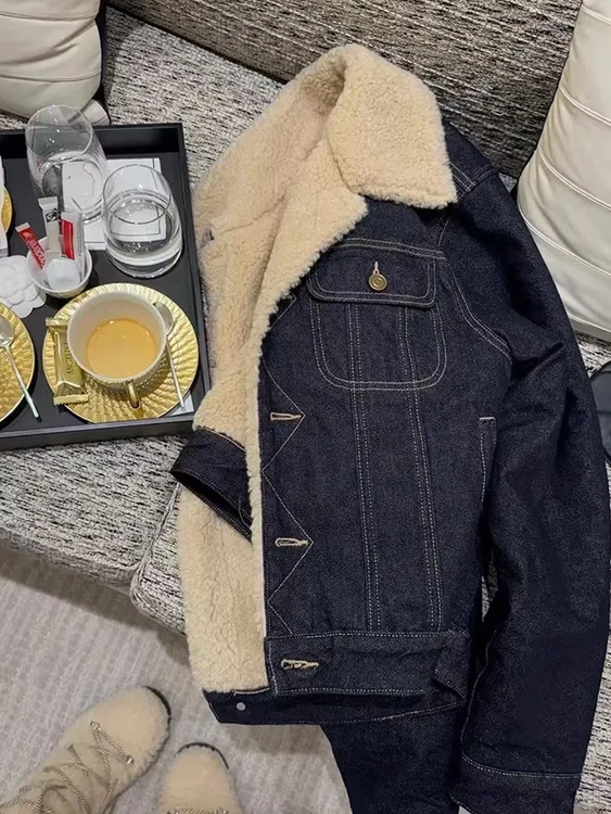原色牛仔加绒牛仔外套明线女仿羊羔毛加厚保暖牛仔棉服2265