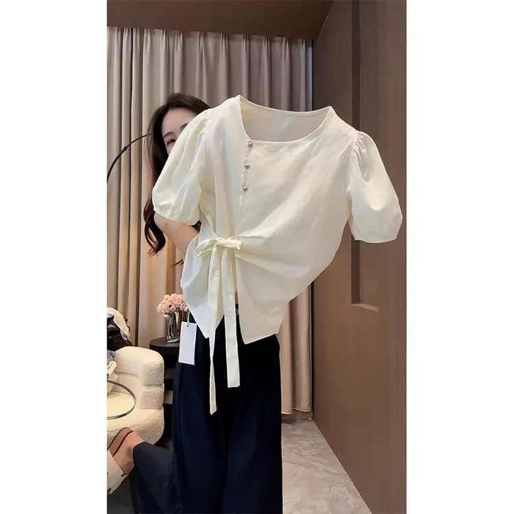 2025超火小个子独特漂亮上衣时尚洋气减龄白色系带短袖衬衫女夏季