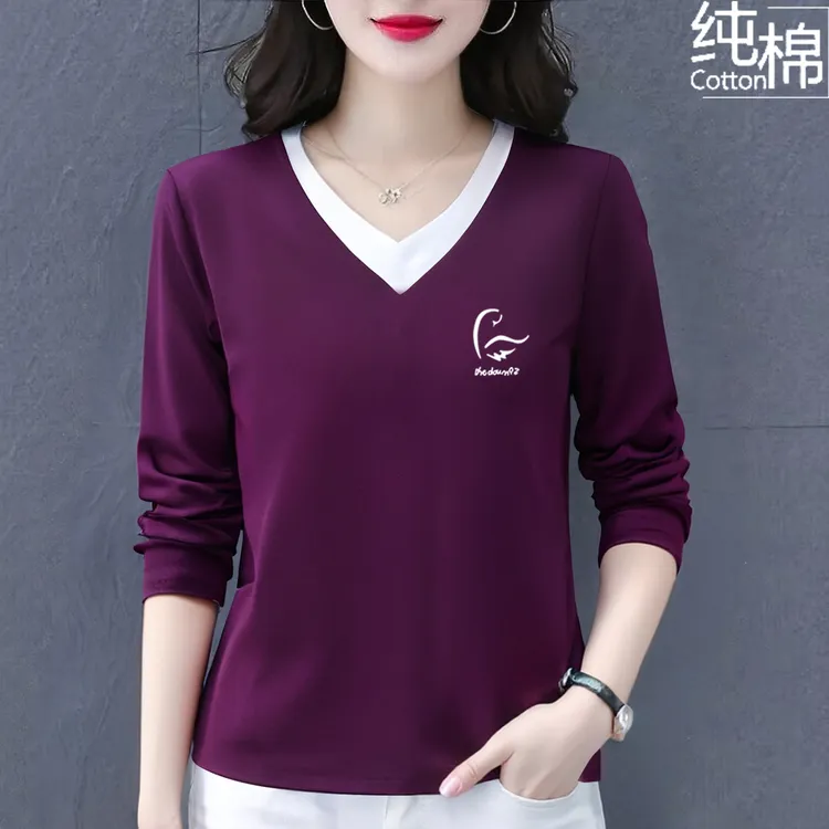 纯棉长袖t恤女春秋新款时尚百搭宽松显瘦休闲中年女士上衣打底衫