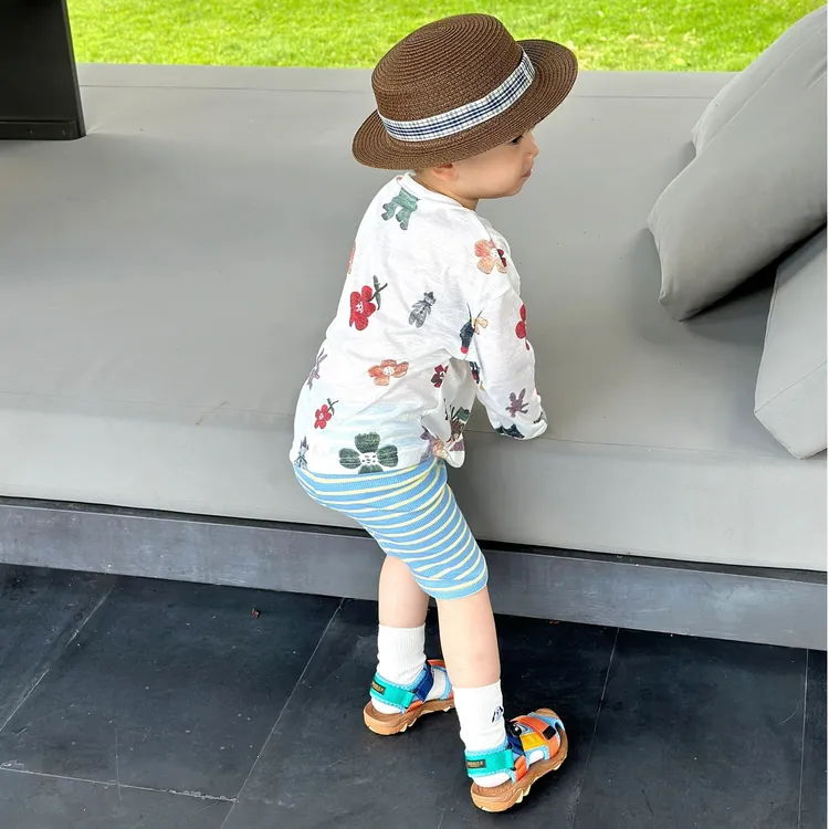 壹妈韩版童装男童夏装套装洋气儿童印花长袖防晒罩衫上衣条纹短裤