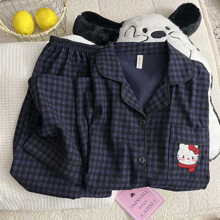 睡衣女长袖长裤2025年新款韩版格子休闲家居服可外穿简约甜美可爱