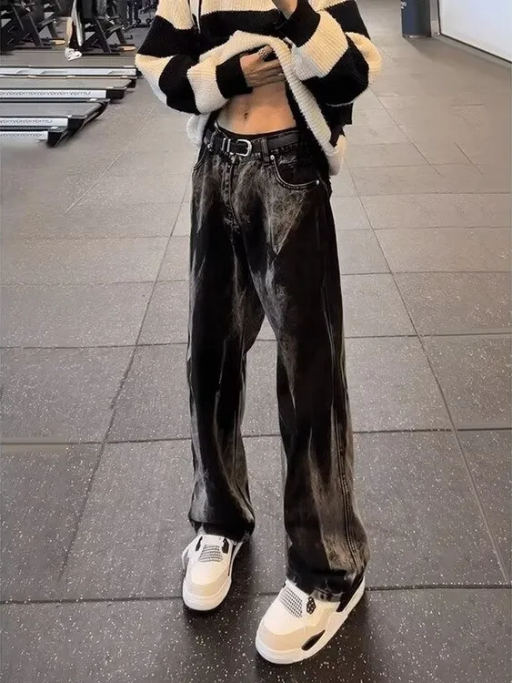 美式高街vibe扎染牛仔裤男款春秋潮牌痞帅炸街裤子直筒弯刀微喇裤