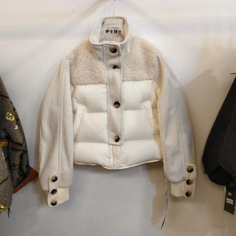 立领羊羔毛拼接90白鸭绒羽绒服女设计感休闲宽松保暖外套2025新款
