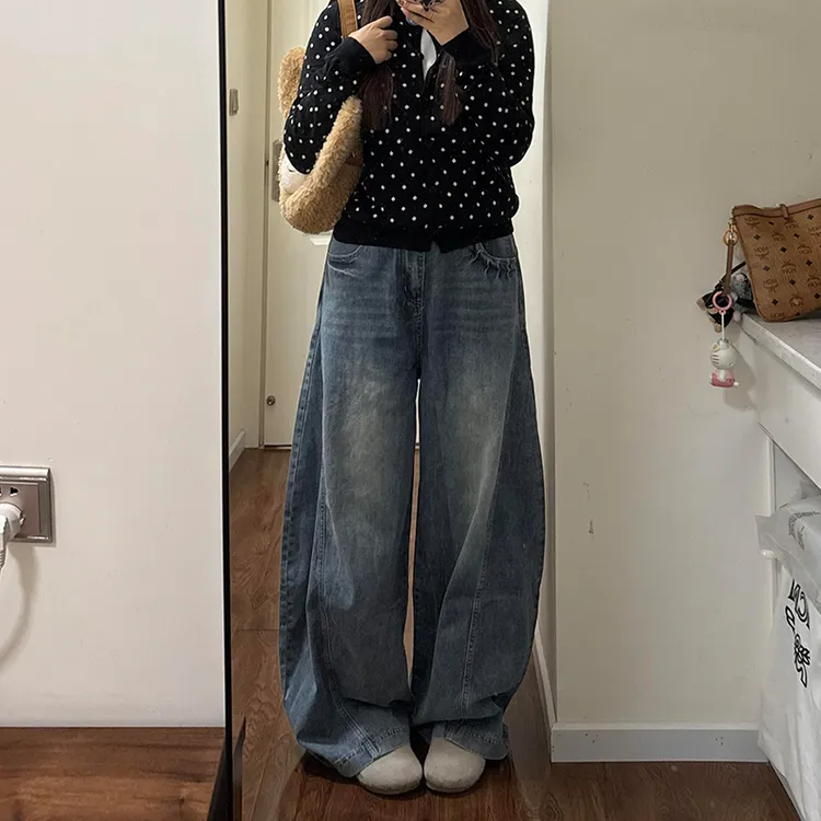 微胖mm复古水洗设计感弯刀牛仔裤女秋季新款做旧宽松显瘦阔腿长裤