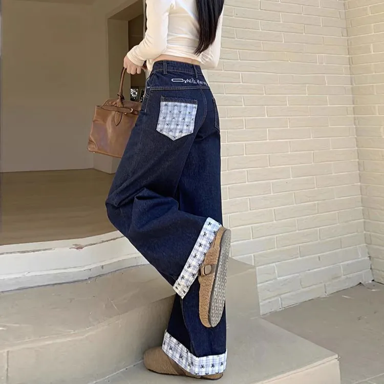 【裳之优】拼接设计蝴蝶格子刺绣直筒牛仔裤女大码高腰新款胖mm宽松