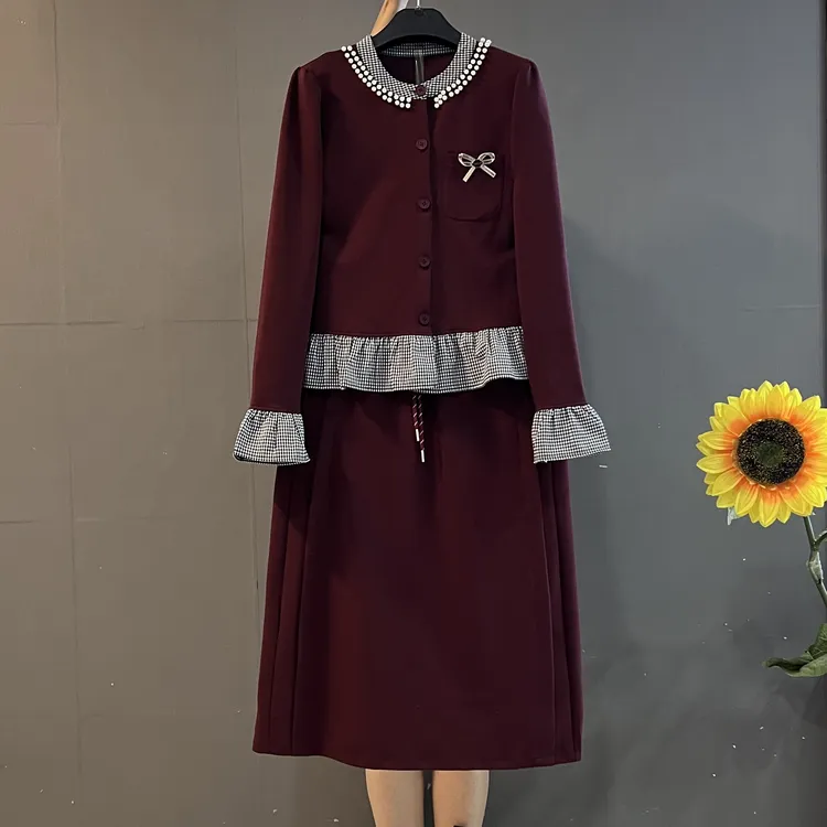 秋季新款洋气拼接复古格子领长袖上衣搭配半身裙显瘦套装