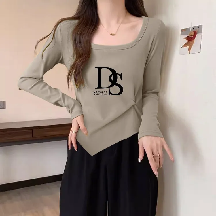 春秋新款方领长袖女士T恤设计感小众洋气百搭打底修身上衣女韩版