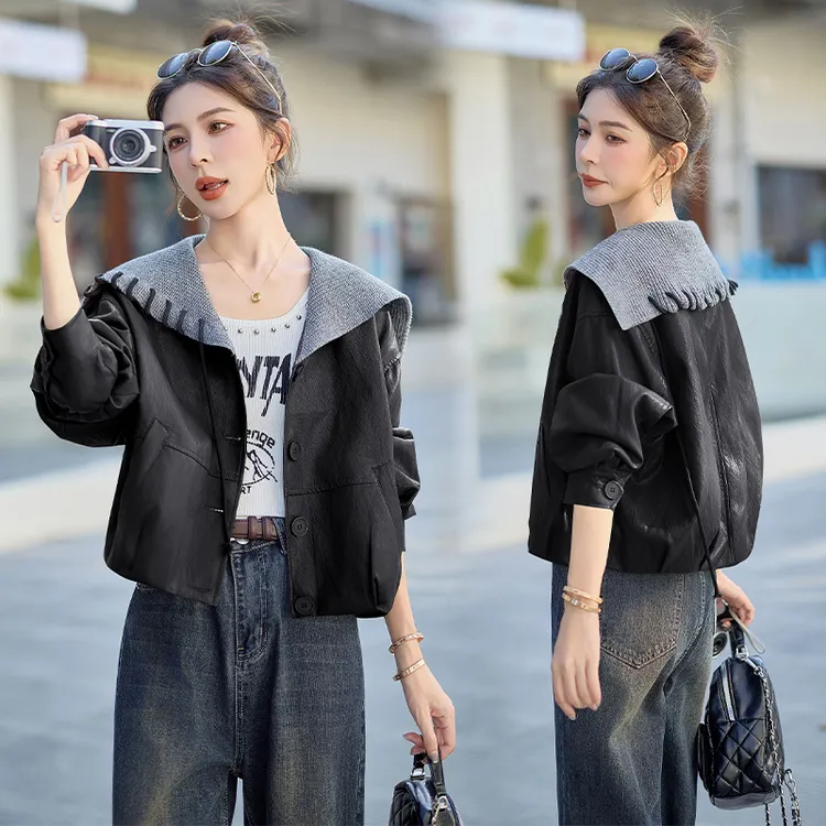 韩系设计感海军领皮衣外套女2025早秋新款宽松显瘦百搭小个子上衣