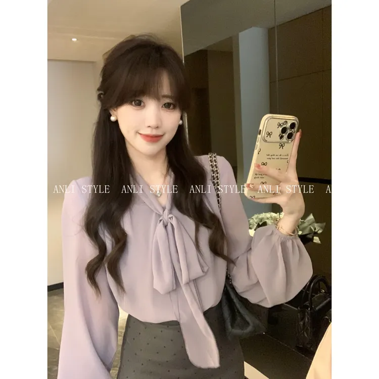 【巧思逸】蝴蝶结飘带衬衫女装新款显瘦设计感灯笼袖上衣女