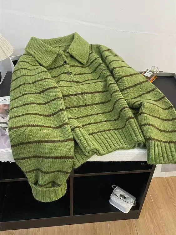 polo翻领韩版绿色条纹套头毛衣女秋冬宽松爆款外套加厚针织衫短款
