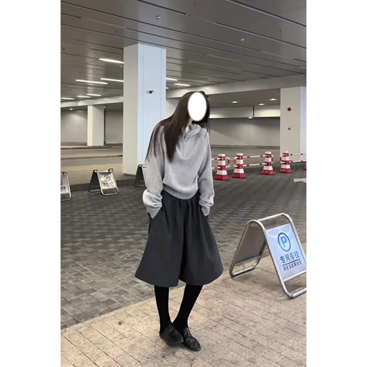 MARIE.COCO简约风通勤百搭灰色连帽半开领卫衣七分阔腿裤秋季套装
