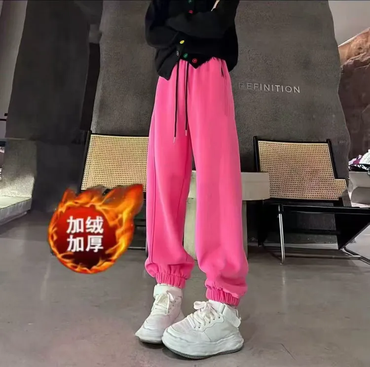 秋冬新款时尚百搭慵懒风加绒保暖束脚裤高腰显瘦刺绣休闲运动卫裤