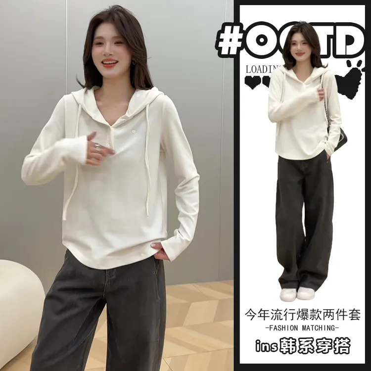 韩系宽松减龄套装女2025秋冬时尚气质连帽长袖卫衣搭配高腰阔腿裤