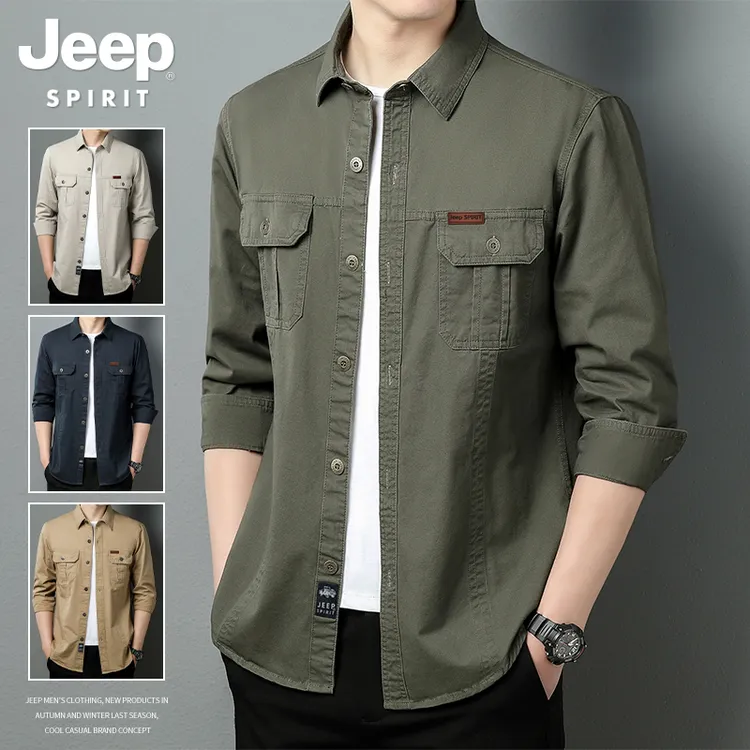 JEEPSPIRIT纯棉工装军旅衬衫男长袖秋季新款时尚休闲男士衬衣潮牌