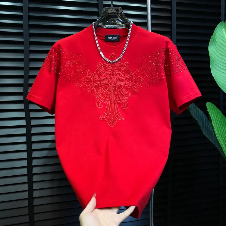 本命年冬季新款重工艺烫钻微阔扩短袖男士男装时尚宽松半袖T恤