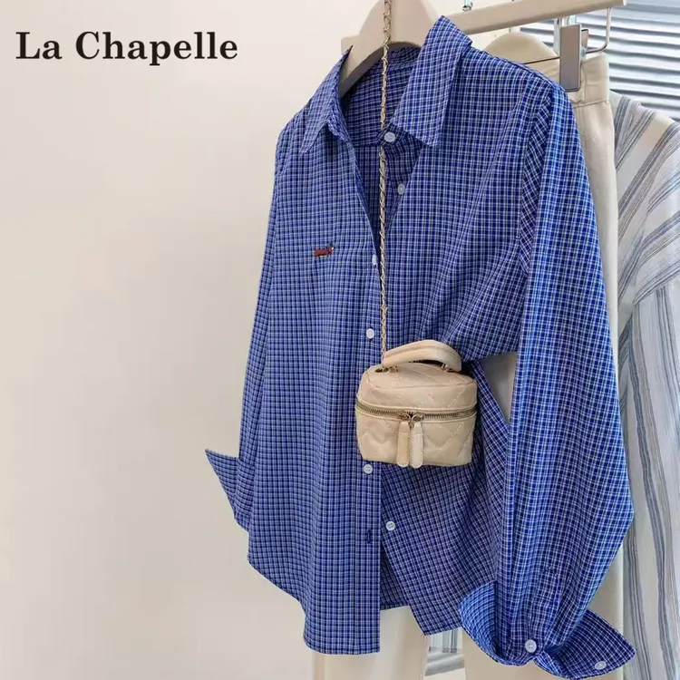 拉夏贝尔格子式长袖衬衫女2025新款秋季宽松小个子通勤正肩衬衣女