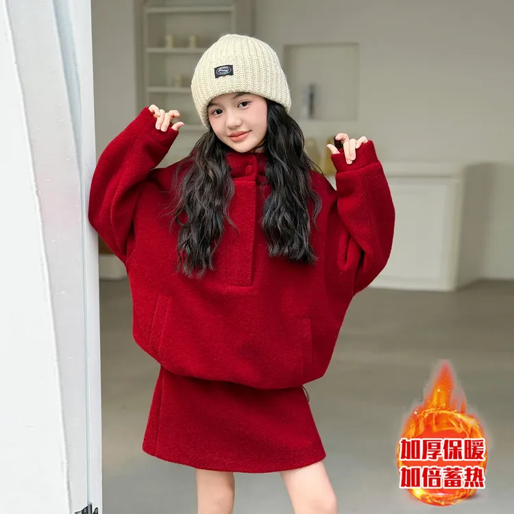 儿童服装本命年女童12岁套装冬季中大童加厚卫衣套装裙子红色年服
