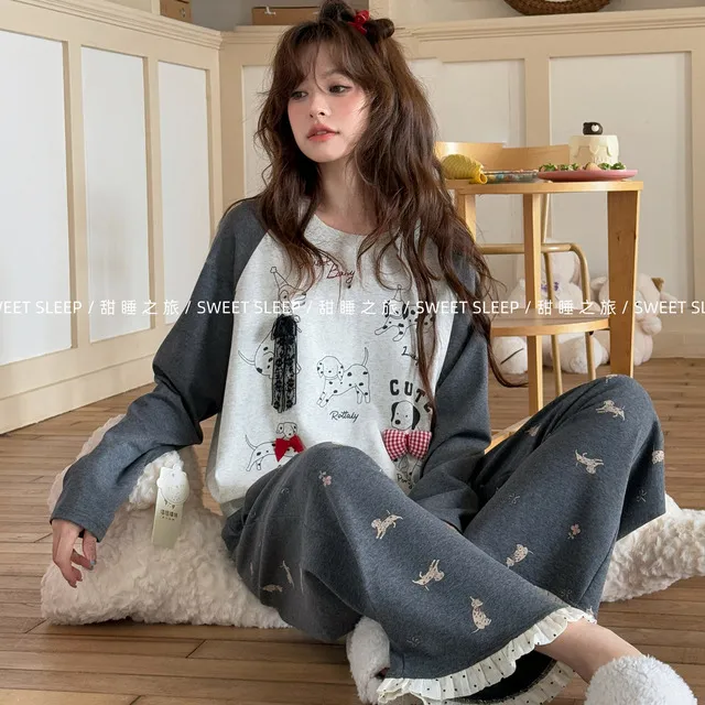 小熊家卡通斑点狗睡衣女秋季花边裤子长袖长裤家居服套装甜睡之旅