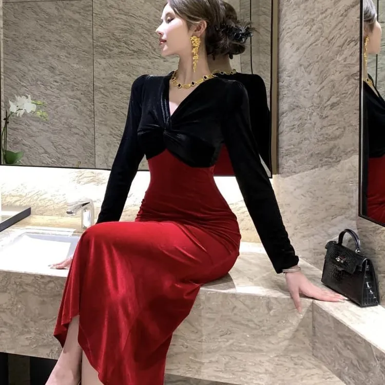 2025秋冬季新款交叉丝金丝绒拼接撞色连衣裙晚礼服气质法式连衣裙