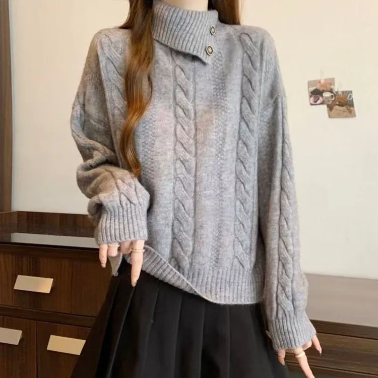 【精纺羊毛】气质纽扣秋冬套头设计感毛针织衫-0759