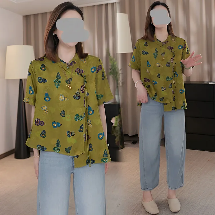 新中式国风套装女2025新款夏季短款立领盘扣上衣简约牛仔裤两件套