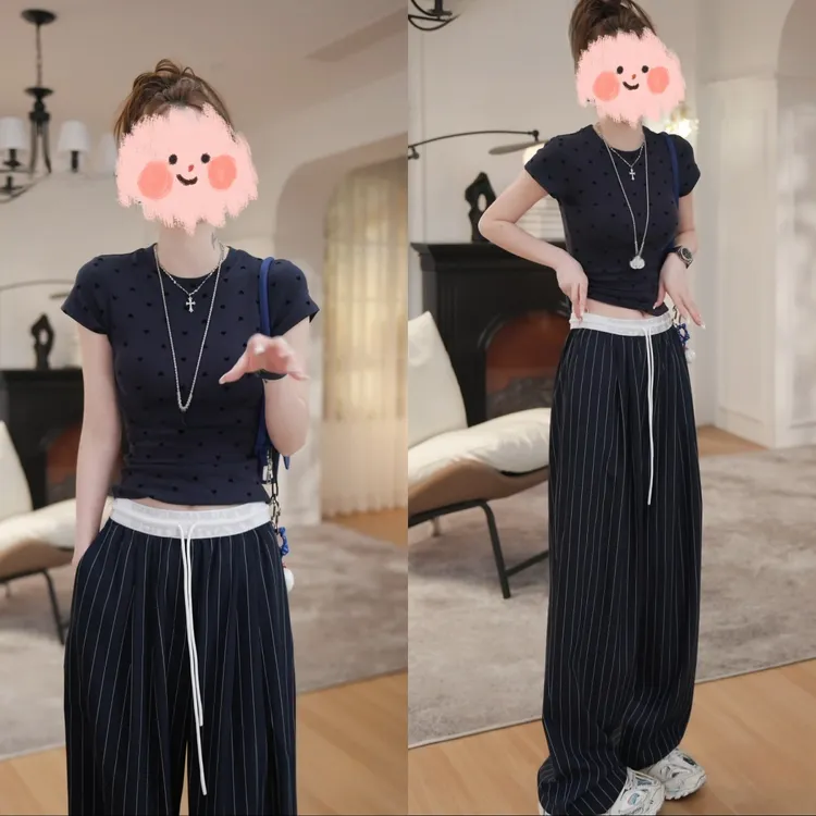 小众炸街高级感套装女装爱心短袖t恤条纹阔腿裤两件套时尚休闲