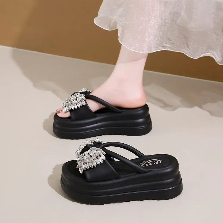 洋气水钻蝴蝶结厚底凉拖鞋女外穿2025年夏季新款配裙子增高拖鞋