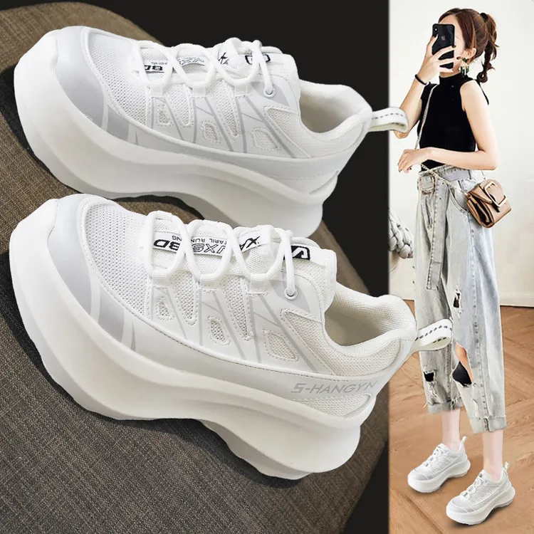 【澳门专柜正品】厚底网面小白鞋女新款夏季透气增高松糕鞋休闲鞋