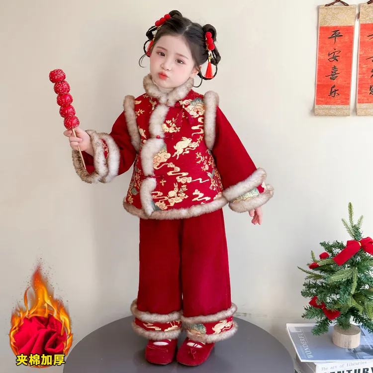 女童拜年服秋冬汉服儿童唐装红色汉服女宝宝加绒元旦新中式演出服