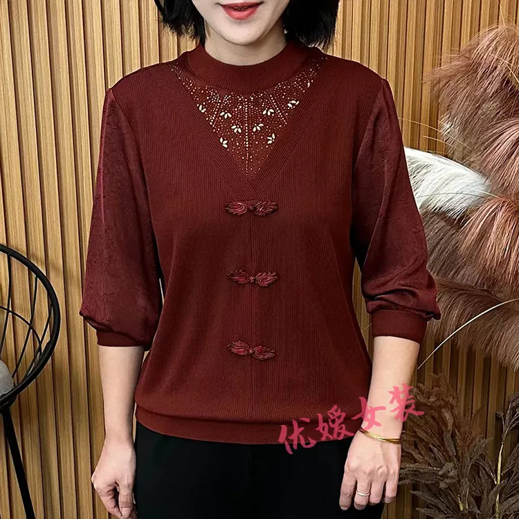 中老年女装秋季拼接烫钻中式盘扣小衫宽松显瘦洋气妈妈装长袖上衣