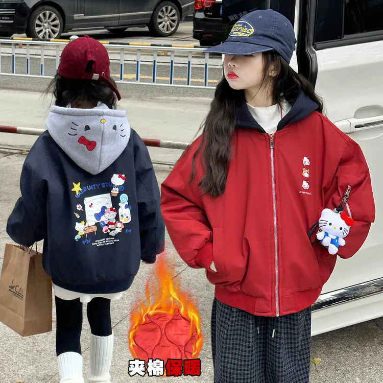 女童秋冬夹棉加厚棉服外套2025新款中大童时尚卡通猫咪保暖上衣潮